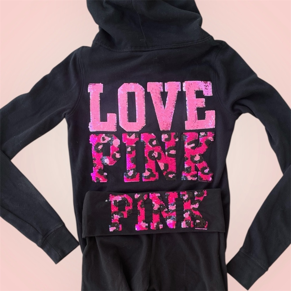 PINK SET Y2K Bling Sequin Hoodie & Foldover Pants in Animal Print Black Pink, XS